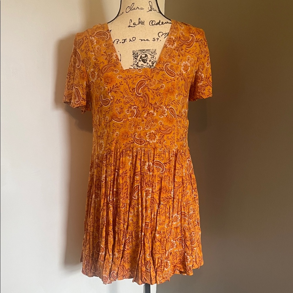Orange Paisley V-Neck Babydoll Dress